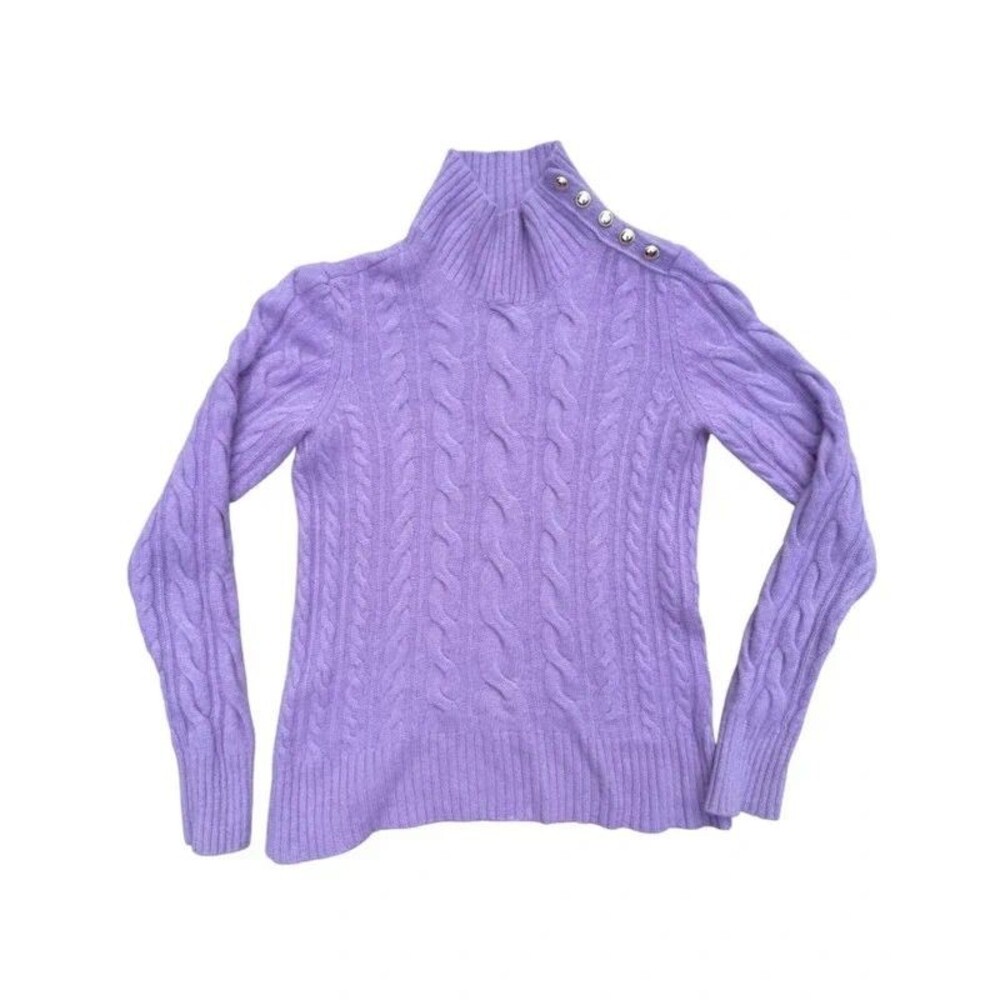 100% Cashmere Preppy Cable Knit Mock Neck Sweater Academia Old Money Lavender XL